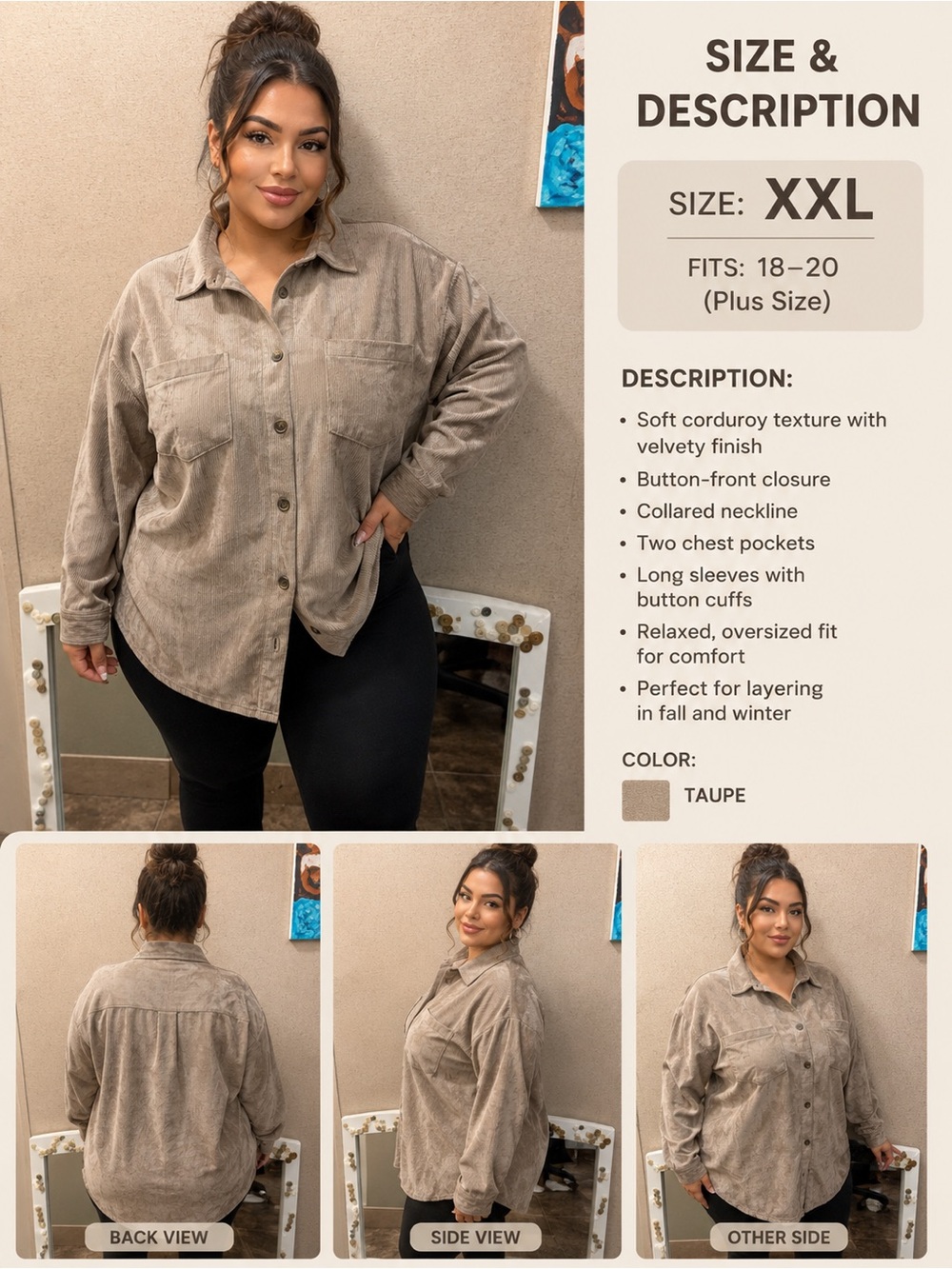 Taupe Corduroy Button-Down Shirt - Relaxed Oversized Fit